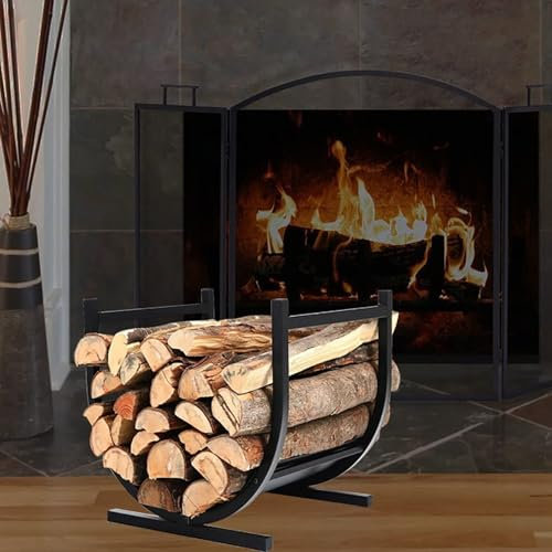 Halbrunder Kaminholzhalter aus Metall für drinnen und draußen, Garten, Lagerung, schwarz, Schmiedeeisen, Kaminholzregal, stabile und stilvolle Holzaufbewahrungslösung