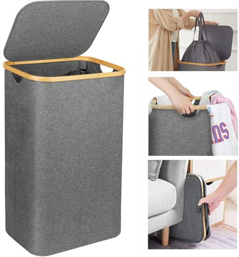 Panier à Linge avec Couvercle, 100L Grand Corbeille à Linge avec Poignées en Bambou, Pratique Paniere a Linge Sale avec Amovible grand filets pour la Salle de Bain, la Buanderie (Gris)