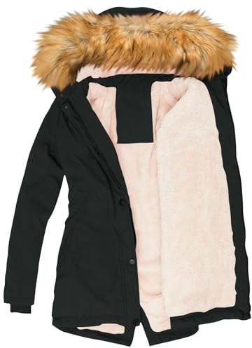 Winterjacke Damen Lang Warmer Gefüttert Winterparka Fleece Parka Wintermantel mit Kapuze Kunstpelzkragen Teddy Jacke Übergangsjacke Frauen Grosse Grössen Mit Taschen Knöpfen Zip Gürtel Thermojacke