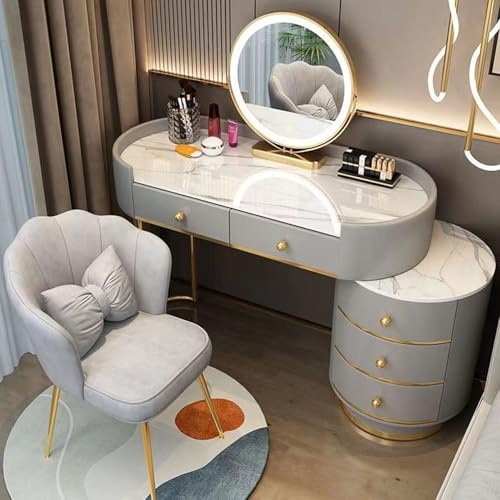 Meedlopia Schminktisch mit Beleuchtung, Schlafzimmer Schminktisch Holz Schminktisch mit großen Schubladen und Stuhl Hocker, Wohnmöbel Make-up Schminktisch mit Spiegel und Lampe