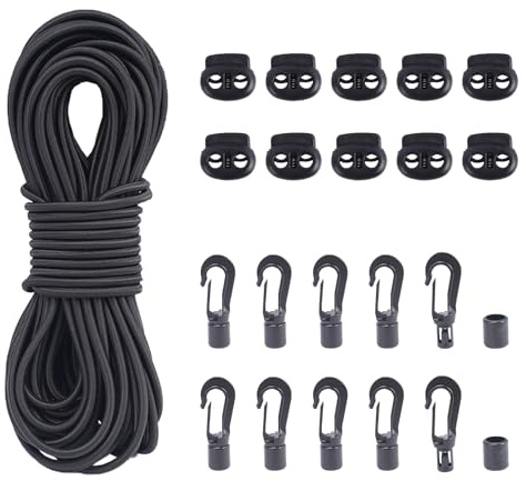 VirtuGro 5 mm x 20 m schwarze Bungee-Seile mit 10 Bungee-Gummiseil-Haken und 10 Kunststoff-Knebelknöpfen für Kordelzüge, elastische Seile, strapazierfähig, für Anhänger, Planen, Camping, Kajakfahren