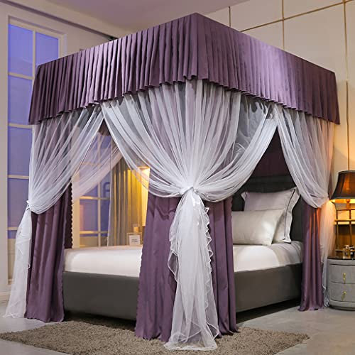 Prinzessinnen-Betthimmel mit 4 Eckpfosten und süßem Moskitonetz für Mädchenbetten, Erwachsenenschlafzimmer, Kinderzimmer; Vorhangnetz für Einzel-/Doppelbetten/Queensize-/Kingsize-Betten (Blumen-Lila