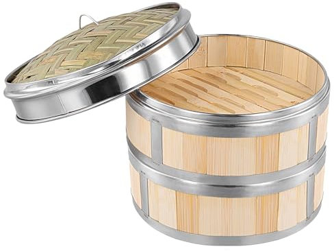 UNGFEI 26cm Bamboo Steamer Basket with Lid, 2 Tiers Food Bamboo Steamer Basket for Buns, Dumplings, Dim Sum