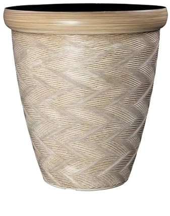 Fyne-Finds Round Beige Plant Pot 33cm Patterned Rim 14L Tall Woven Garden Indoor Outdoor Planter Cover Drainage Holes, Weather, Frost Proof, Gloss Finish (1)