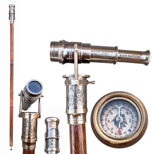 Wave Nautical Marineteleskop-Gehstock, viktorianischer Vintage-Messing-Kompass auf der Oberseite, Spyglass-Griff, antiker Holzstock, Steampunk-Stil, faltbarer Gehstock, 91,4 cm, für Damen und Herren
