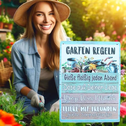 KAMACA Metall Gartenschild mit Gartenregeln Wandschild mit Sprüchen charmante Dekoration für Ihren Garten Outdoor Blechschild zum Aufhängen (Metallschild Gartenregeln)