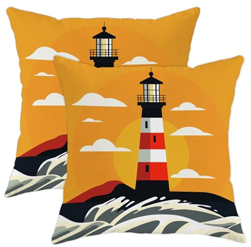 Sonnenuntergang Leuchtturm Maritim Dekorativer Kissenbezug 2er Set für Zuhause Sofa Bett Couch Wohnzimmer Balkon Garten, Orange, 40x40 cm