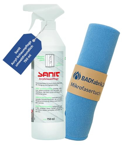 BADfabrik24 Sanit Acryl-Schaumpflege 750 ml + Mikrofasertuch – sanfte Reinigung & Pflege für Acrylwannen, Waschbecken & Duschflächen – streifenarme Schaumformel, materialschonend