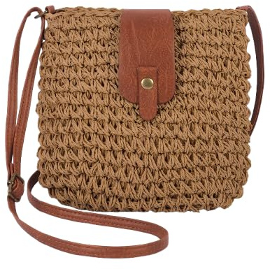 Businey Straw Bag for Women, Summer Straw Beach Bag with Zipper, Women's Beach Crossbody Bags with Adjustable Strap, Bohemian Weave Handmade Handbags for Holiday Beach Travel, Brown