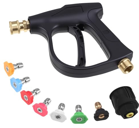4350PSI High Pressure Washer Gun, Jet Wash Gun with 7 Water Nozzle Tip, M22 14mm Fitting Hose Connector and 1/4 Quick Connector, High Pressure Water Gun, Stubby Pressure Qasher Gun for Karcher K1-K7