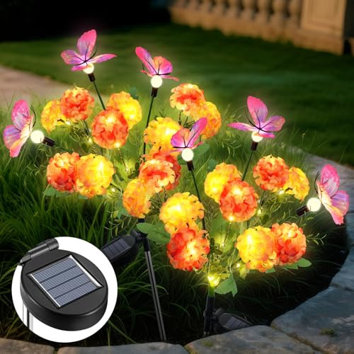 Qoosea Luci Solari da Giardino Esterna, 2 Pezzi Fiori di Ortensia Lampada Solare con Swaying Farfalla, LED Lampade Solari IP65 Impermeabile, Decorazione per Cortile Prato Patio Nozze Feste
