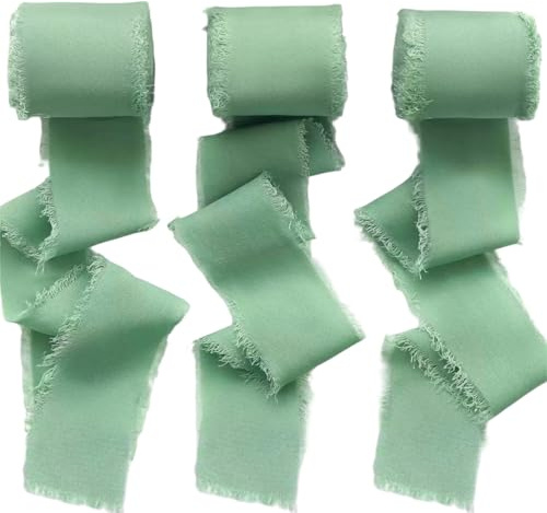 Geschenkband Grün, Schleifenband Eukalyptus Grün, 3 Rollen Grünes Band Chiffonband, Seidenband Satinband Fransenstoffband, Chiffon Stoffbänder für Hochzeitseinladung, Brautstrauß, Geschenkverpackung
