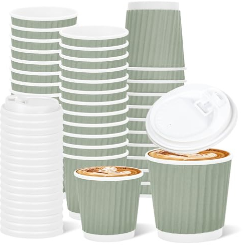Whaline 100 Pcs Sage Green Disposable Espresso Cups with Lids 4 Oz Solid Green Paper Cups Corrugated Ripple Wall Insulated Hot Cup for Home Office Party Supplies