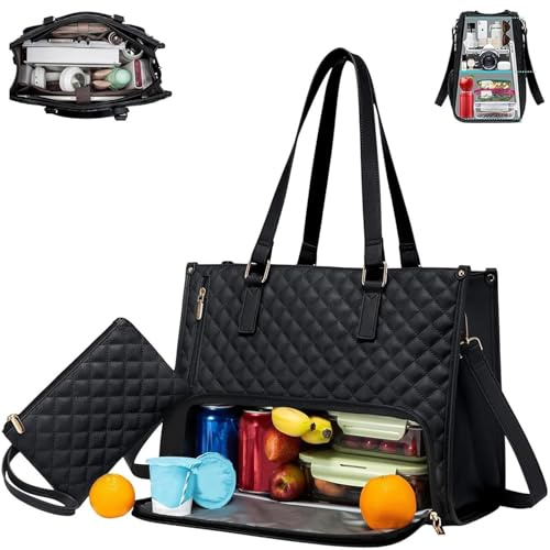 2 in 1 Tote Bag with Compartments, Bolso Mujer Portátil 15.6 Pulgadas con Compartimento Aislante para Almuerzo, Trabajo Universidad Viaje Gran Capacidad (Negro)