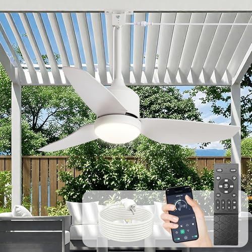 Ventilateur de plafond extérieur avec éclairage: Ventilateur suspendu blanc 42 pouces pour gazebo, étanche - Ventilateurs d'extérieur à brancher pour terrasse, porche ou pergola, avec télécommande APP