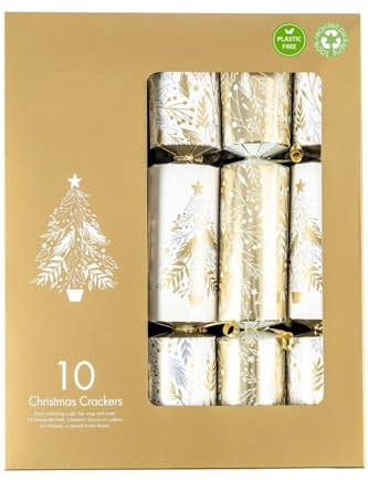 Domkora Cream & Gold Traditional Christmas Crackers - Pack of 10 Plastic Free Delux Crackers - 12 Tree & Winter Foliage Design Festive Table Decor - 100% Recyclable Packaging Party Hats Gifts