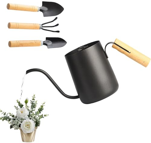 ZY-otu Arrosoir noir de 350 ml - Petit arrosoir pour plantes d'intérieur - En acier inoxydable - Long bec - Avec trois outils de desserrage - Arrosoir de jardin noir pour l'intérieur - Watering Can