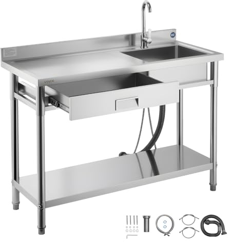 VEVOR Évier cuisine utilitaire en acier inoxydable, évier professionnel autoportant à cuve unique avec tiroir, robinet et tuyau d'eau chaude et froide, pour garage, restaurant, buanderie 120x50x94 cm
