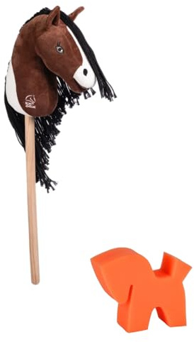 RL24 - Hobby Horse Pferde Professional Slim Line von HKM inkl. Putzschwamm – Steckenpferd – Spielpferd mit Holzstock & Mähne – Stockpferd ohne Griffe & Rollen – braun/weiß