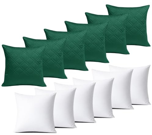 BedLooms Cushions with Covers Included 45x45 cm Emerald Pack of 6 (6-Cushion Covers + 6-Cushion Inners) Ultrasonic Diamond Velvet Square Throw Pillow Cases with Invisible Zipper for Sofa Bedroom