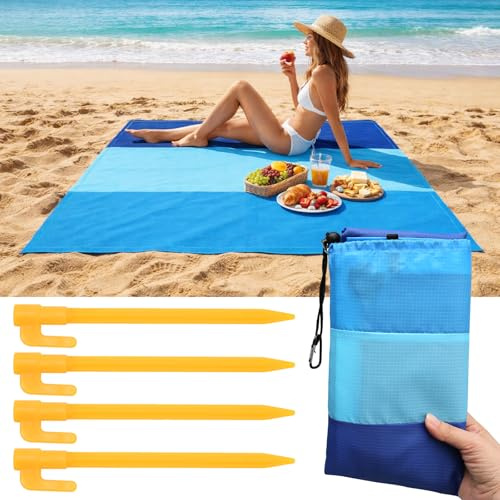 Juibao Manta de Playa Sin Arena 210 x 200 cm, Manta de Picnic Impermeable con Clavos de Fijación y Bolsa, Alfombra Portátil para Playa, Camping, Picnic