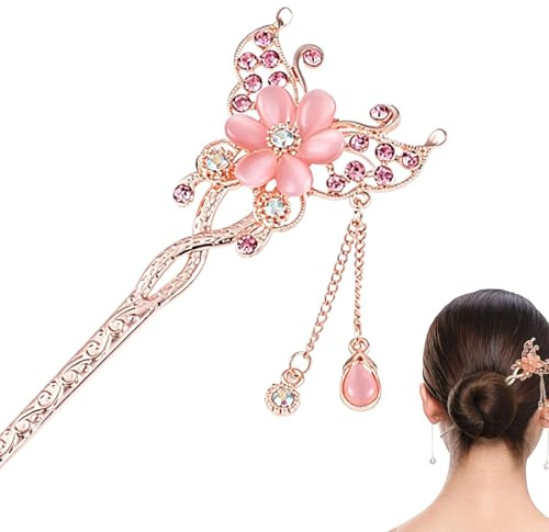 ZEBKEL Forcina per Capelli Cinese con Farfalla e Fiore Rosa, Bastoncino Capelli Vintage con Nappa e Cristalli, Accessori Capelli Eleganti per Hanfu, Qipao, Matrimonio e Uso Quotidiano, Oro Rosa