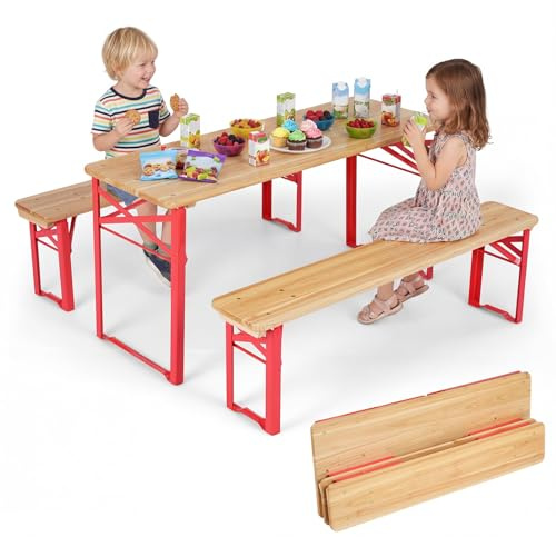 COSTWAY Set da Esterno 3 Pezzi per 4 Bambini, Tavolo da Picnic con 2 Panche in Legno Pieghevole, Robusta Struttura in Metallo, Facile da Riporre, Set da Giardino per Bambini 3-8 Anni per Patio