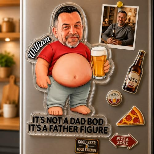 Personalised Father's Day Fridge Magnet Custom Photo Squishy Belly Fridge Magnet Funny Custom Face with Pressable Belly Novelty Gift for Fathers Day Birthday Dad Grandpa Friends