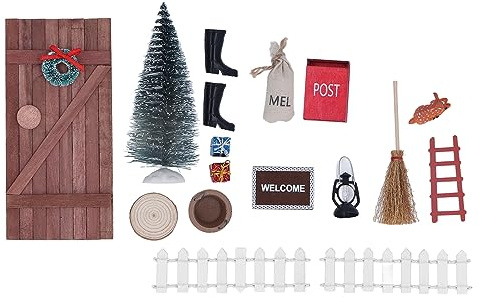 Chrees Kit de Porte Féerique de Noël pour Maison de Poupée 1/12 1/6, avec Porte Miniature en Bois, Arbre, Tapis, Clôture, Boîte Cadeau, Décoration Artisanale pour Enfants
