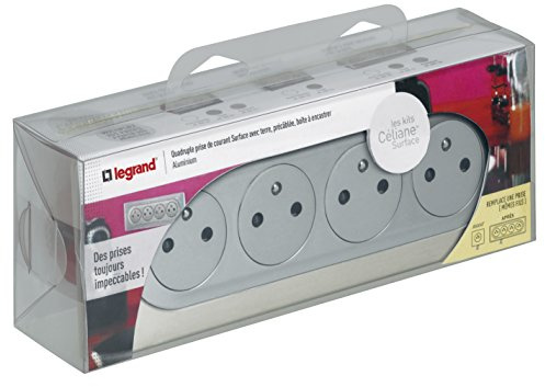 LEGRAND - Prise Electrique Quadruple avec Plaque + Boîte à Encastrer Céliane Surface - Bloc 4 Prises avec Socles Rétractables - Fabriqué En France - Titane