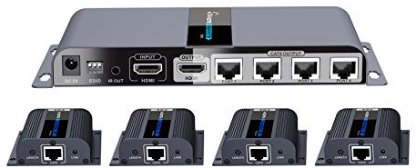 PremiumCord HDMI 1-4 Splitter + 4 X Extender tramite cavo patch CAT6 / 6a / 7, con alimentatore, alloggiamento in metallo, risoluzione video Full HD 1080p 60Hz, 3D, HDCP, colore nero