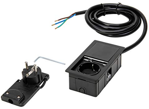 Kopp by ASA 939662016 VersaHIT Mono Einbau-/Tischsteckdose mit Tastendruck-Deckel zum Einbau in Möbel/Arbeitsflächen, 1 x Schutzkontakt-Steckdose, 2 m Anschlusskabel, 3400W/16A, Matt schwarz