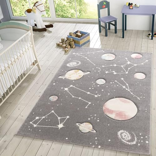 TT Home Kinder-Teppich, Spiel-Teppich Mit Planeten Und Sternen, Für Kinderzimmer In Grau, Größe:120x170 cm