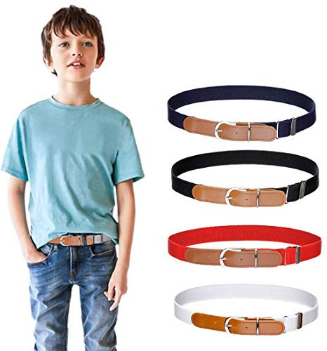 4 Stück Jungen Mädchen Elastischer Gürtel - Verstellbarer Schnallengürtel mit Leder für Kinder von 3-15 Jahren (Marineblau/Schwarz/Rot/Weiß)