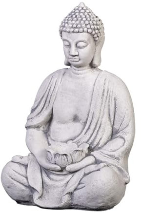 gartendekoparadies.de Statue de Bouddha en Pierre Solide avec Bol, Taille 40 cm, Couleur Gris, Poids 11 kg, en Pierre moulée résistante au Gel pour l'intérieur et l'extérieur
