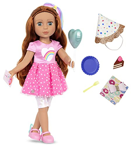 Glitter Girls Cicely Geburtstagspuppe, bewegliche Arme und Beine | Bewegliche Puppe mit rotem Haar, grünen Augen, Kleid, Leggings, Schuhen, Schleife und Geburtstagszubehör, Cicely, 3+ Jahre