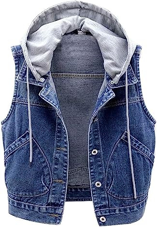 shownicer Damen Hooded Jeansweste Jacke Kurz Ärmellos Einfache Beiläufige Jeansweste Denim Weste mit Kapuze Blau M