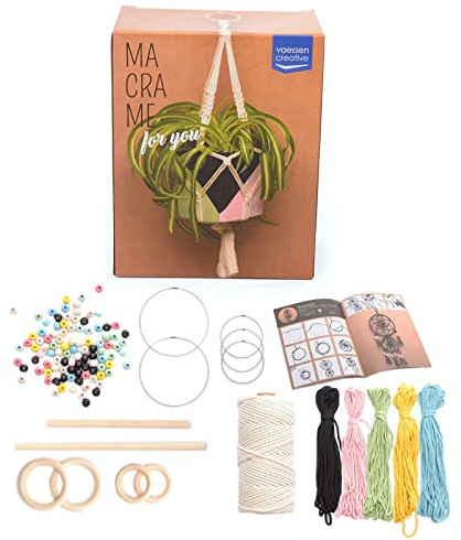 Vaessen Creative Makramee Set, Inkl. Makramee Garn in mehrere Farben, Perlen, Holzdübel, Holzringe und Metallringe, zum Basteln von Traumfänger und mehr