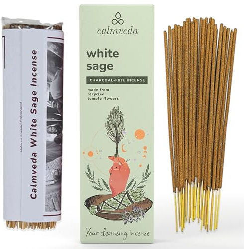 Calmveda White Sage Incense Sticks for Cleansing - (80 Scent Sticks) Charcoal Free, Made from Upcycled Flowers | Protection Incense to Cleanse Negative Energy