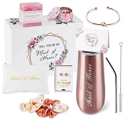 DHQH Coffret cadeau Maid of Honor - Verres à champagne sans pied en acier inoxydable - Cadeau de proposition de demoiselle d'honneur - Will You Be My Maid of Honor - Tasse or rose