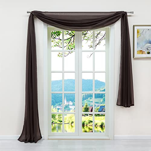 ESLIR Querbehang Gardine Freihanddeko aus transparentem Voile Deko Gardinen Schals Vorhang Einfarbige Dekoschals Uni Braun HxB 145x500 cm 1 Stück