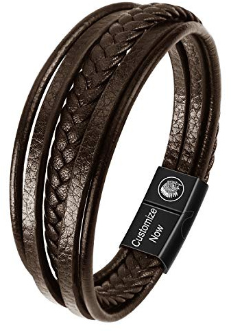 Casisto.J Pulsera Cuero Hombre - Pulsera Trenzada Hecha a Mano clásica en Negro y marrón con Cierre magnético Grabado Joyas Gratis en Caja