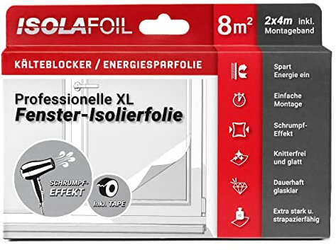 Professionelle XL Fensterisolierfolie 2x4m - Transparente Thermofolie, Wärmedämmung, Kälteschutz, kein Beschlagen