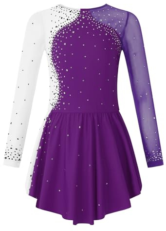 iEFiEL Mädchen Eiskunstlauf Kleid Langarm Glitzer Ballettkleid Swing Kleid Schaukel Tanzkleid Turnanzug Kinder Tanzkostüme Za Weiß 140