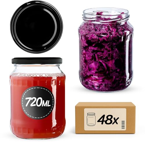 KADAX 48er Set Einmachgläser 720ml TO82 Schwarz, Große Sturzgläser mit Schraubdeckel, Einkochgläser Fermentierglas für Gurken, Gemüse, Sauerteig