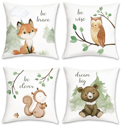 Bonhause 4er Set Kissenbezüge Tiere 45 x 45 cm Waldtiere Fuchs Bär Eichhörnchen Eule Dekorative Kissenhülle Zierkissenbezüge für Kinderzimmer Dekoration