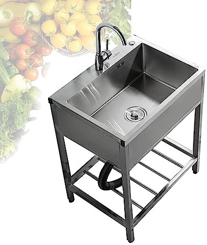 Waschbecken Outdoor Küche,Edelstahl Spülbecken,Camping Waschbecken,Spültisch,Bauernhof-Arbeitsplatz-Spüle,Geschirrspülbecken,Einzelbecken-Spüle,mit Wasserhahn,Ablauf-Set,Halterung ( Color : Hot+Cold ,