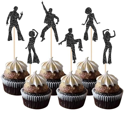 SYKYCTCY 30 Pack 70's Disco Cupcake Toppers Glitter 70s Disco Dancing Cupcake Picks for Music Wedding Birthday 70's Disco Dancer Cupcake Decorations Party Supplies Black