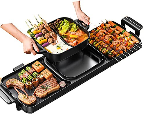 GCCSSBXF Smokeless Electric Grill with Hot Pot 2 in 1 - Multifunctional Korean BBQ Grill for 5-10 People - Non-Stick Double Pot - 2200W Indoor BBQ Hotpot