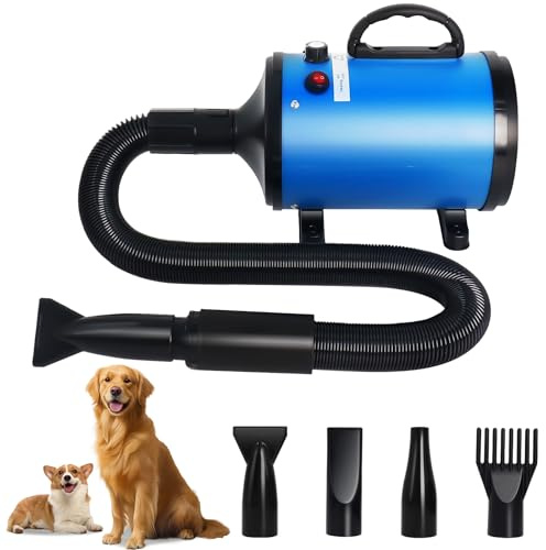 Dog Hair Dryer for Large Dogs, 4.5HP 3200W High Velocity Pet Dryer Machine | Heated Pet Dryer With Adjustable Speed And Temperature, 4 Nozzles And Blue Finish For Flexible Large Dog Grooming